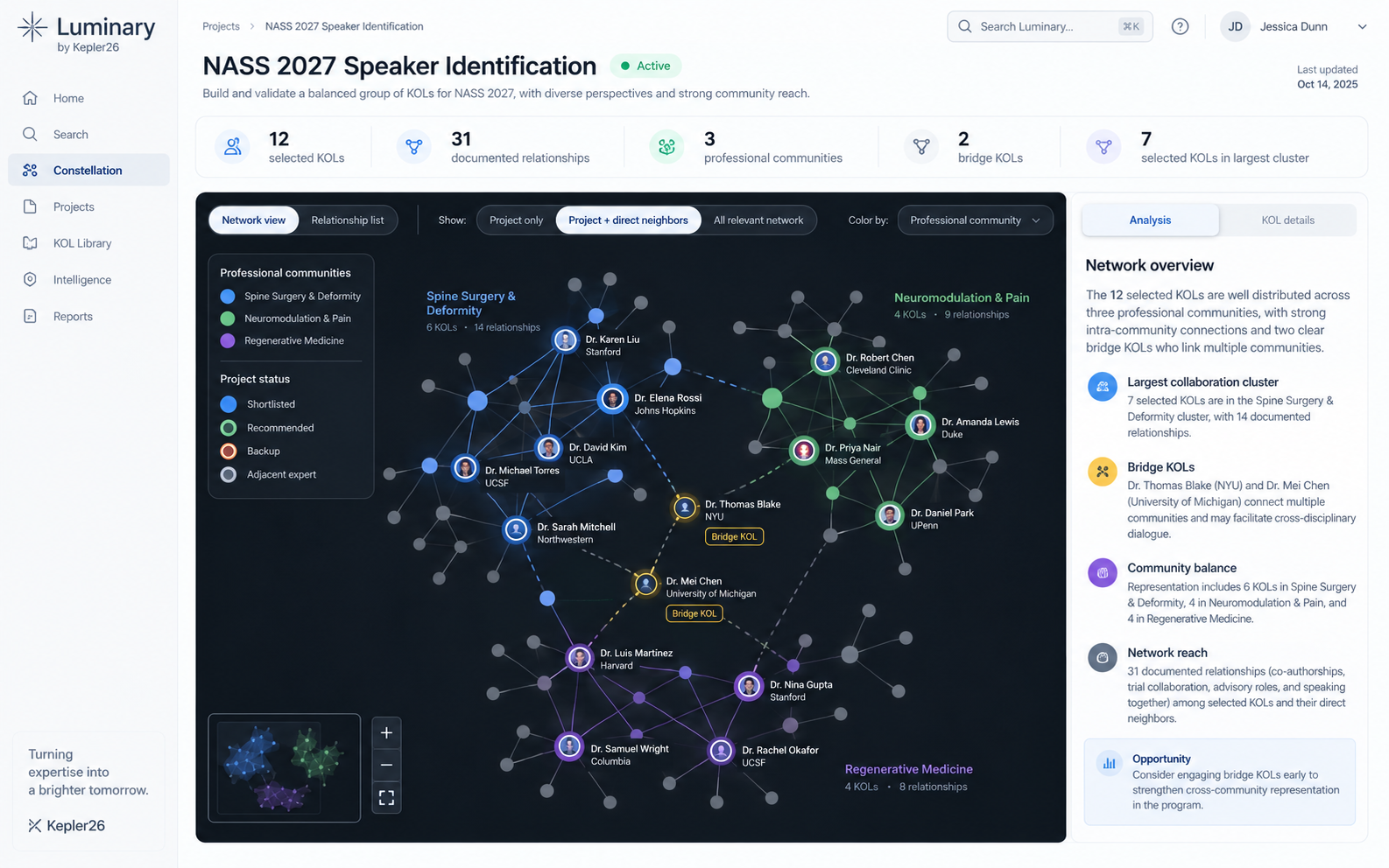 Constellation network view for a project: selected KOLs coloured by professional community, with two bridge KOLs linking separate clusters.